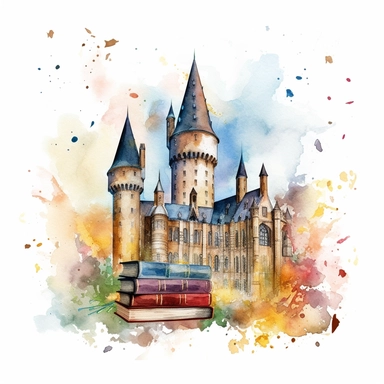 wizarding school, vector art, simple, cartoon,2d,pastel watercolor, clipart