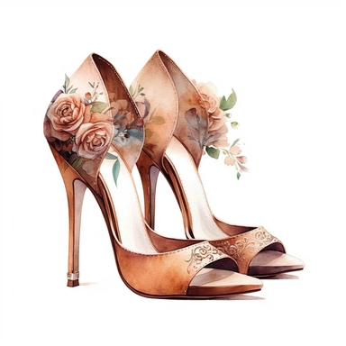 watercolor, hyper realistic, white background, white margins, 16k, ultra detailed clipart, cut out image, hand-drawn,, ultra HD, sharp and clean art a vintage pair of high heels adorned with delicate floral , capturing the romantic and feminine aesthetics often associated with vintage fashion and travel. earthy brown pastel