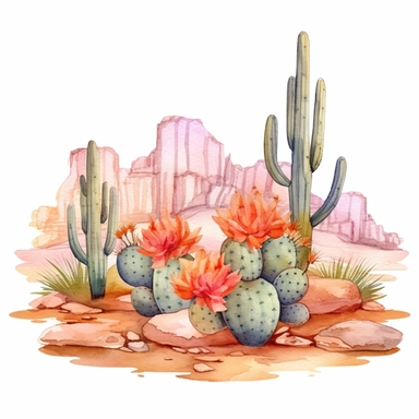 watercolor style, california desert clipart, cacti and mesas, pink orange browns, isolated on white background, hd