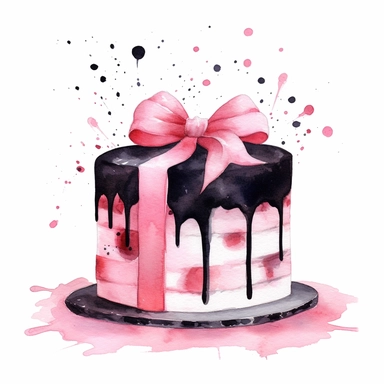 Watercolor pink and black birthday cake drawing, illustration clipart, high detailed, white background, digital art