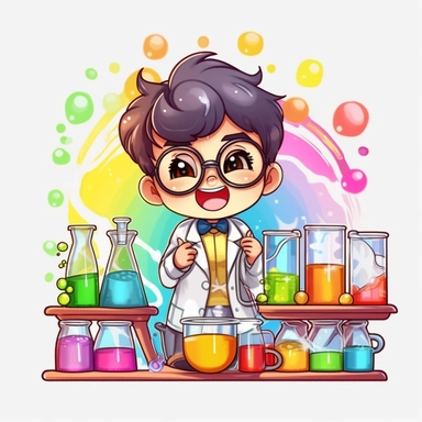 kawaii japanese style rainbow science lab filled with bubbling test tubes, beakers, and a quirky scientist conducting experiments with funny results, Best quality, 8K, HD, white background, no background, sublimation file, png, 2d, Cute kawaii style, vect