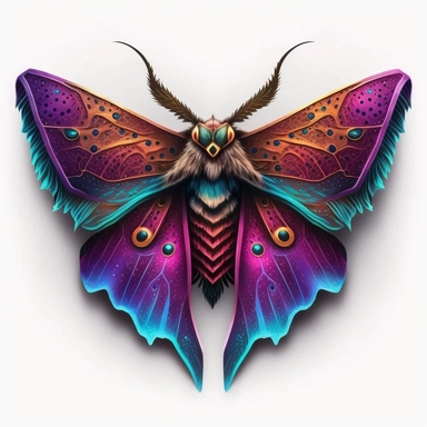 Best Colorful, a Moth Clipart, fantasy Moth Png, exotic moth, vibrant colours, white background, no text, front look, A captivating mystical moth clipart in bold shades of magenta and electric blue, its wings adorned with mystical symbols, creating a stunning contrast against a white background.