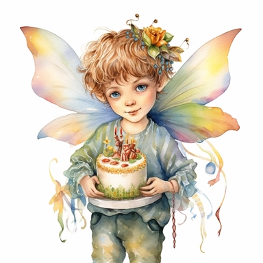 beautiful fairy boy Birthday, illustration clipart, high detailed, white background, digital art, watercolor, hd