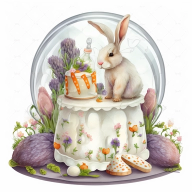 a realistic cute bunny eating a carrot in a glass dome, patterned Easter eggs on a stand, candles and easter muffins, watercolor effect, realistic figures , kids story style, soft colored view , fantastic scene, small colored flowers and lavender , white background , suitable for digital clipart