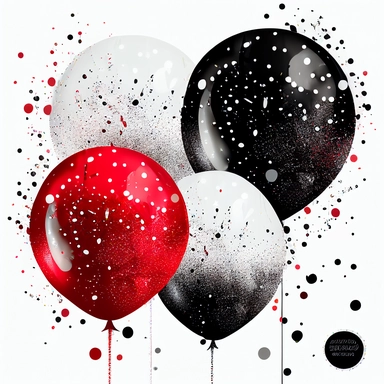 Red, Black and White Balloons Clipart, glitter and confetti party clipart for birthdays, white background, no shadows