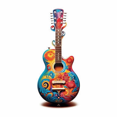 Against a white background, a clip art image showcases a meticulously detailed depiction of a guitar, adorned with vibrant and colorful elements. The guitar takes center stage, with its body and strings intricately illustrated to capture its essence. The body of the guitar features a vibrant burst of colors, blending seamlessly from one shade to another, evoking a sense of energy and creativity. Music notes, represented by a variety of shapes and sizes, dance playfully around the guitar, symboli