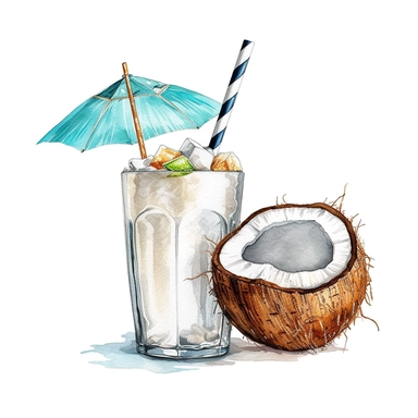 A refreshing coconut drink with a bendy straw and mini umbrella clipart, white background, watercolor drawing