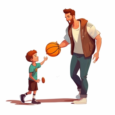 Cute Beautiful the father is playing basketball with son full body Clipart,Cartoon, hyper realistic, intricate detail, illustration style, high solution,on the white background