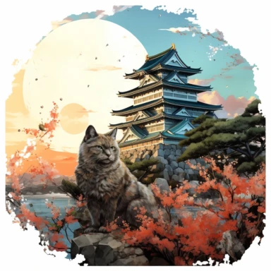 cherry blossoms laden on Osaka Castle Bottom, Siamese Cat wearing a Japanese kimono, sunset, Clipart Watercolor