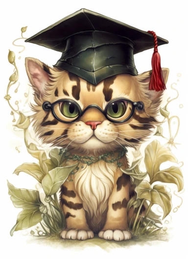 clipart,a cute little tiger in a field with a black mortar board on its head wearing glasses and a papigion,in the style of jody bergsma, 32k uhd, hand-painted details, charming character illustrations, dark brown and light beige,red/green, aquarellist, hd , white background clipart