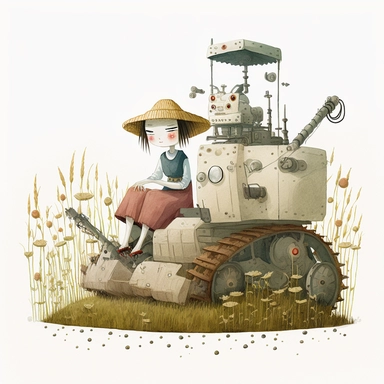 in the style of Ryo Takemasa, xuan loc xuan, Lisa Audit, Anastasia Suvorova, Jon Klassen, greg tocchini, helpful giant biomech robot plowing paddy rice fields, hard working, fantastic realism, fantasy and magical, white background, cute, cozy, vector, clipart, elaborate, ultra-detailed, best quality illustration, well composed, vibrant colors, high definition, UHD
