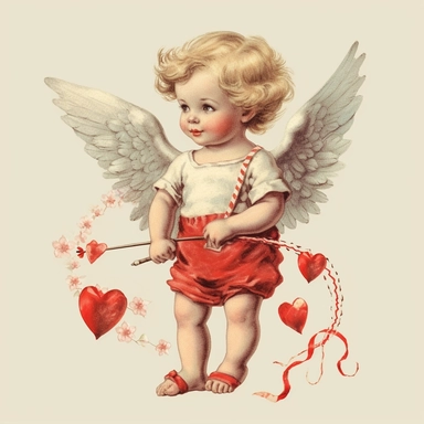 vintage adorable little cupid with red hearts, full body, clipart style, accurate details, oil painting technique, super high quality, professional clipart, high resolution