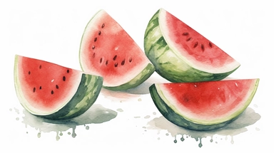 semi photorealistic outlined watercolor illustration, clipart elements, collection [watermelon fruit] cozy elements, detailed, pastels, beige, spaced, isolated white background, 8k,