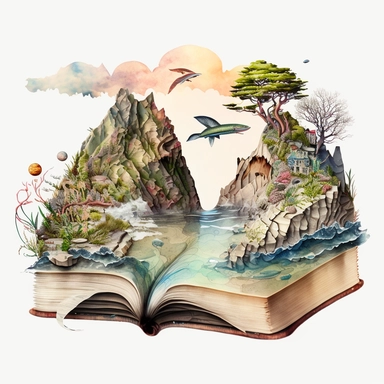 an opened book clipart with its pages depicting a mythical realm of floating islands, each with its own unique ecosystem and fantastical inhabitants, fantasy, mystical, magical, rebeca saray style, vintage watercolor, 8k, full hd, Open Book Clip Art, ultra detail, white background