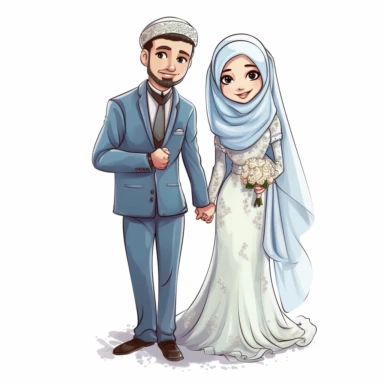 Muslim bride and groom clipart, the bride and groom is touching, in the style of caricature-like, hinchel ,--ar2:3,--8k