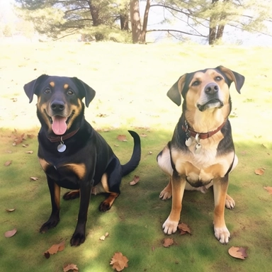 1.Create a painting with the dogs in the image and try to mimic the dogs after those in the image.A detailed watercolor Illustration of an dark colored older beagle lab dog and a black shepherd lab dog. 2. dogs looking at eachother with a squirrel sitting in a tree in the background, happy, warm, children's book illustration watercolor style, clipart, realistic, isolated on white background, 4K