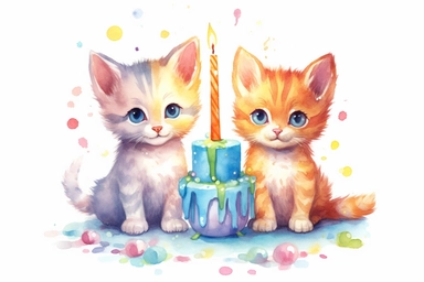 beautiful watercolor pastel 3 birthday baby cats eating birthday cake clipart,hd,pixar style,isolated on white background, spaced out