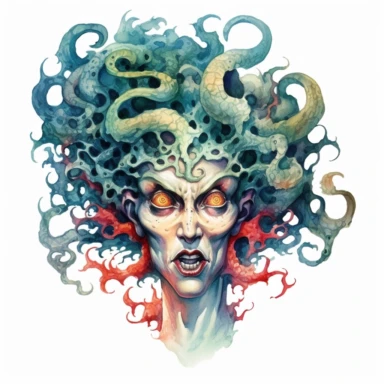 scary face of a Medusa like demon. watercolor, ultra high-detail, clipart
