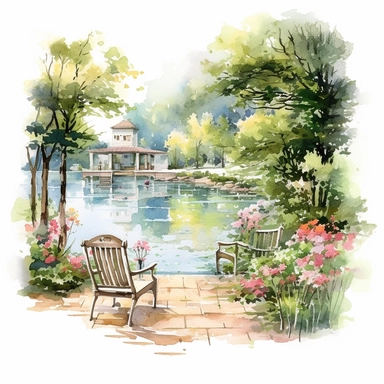 Watercolor, a lakeside courtyard in bloom, clipart on white background.