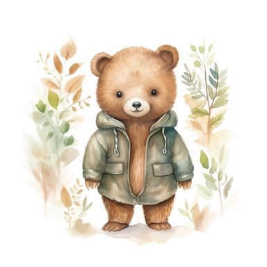 little baby, brown bear,neutral nursery art,cute bear, baby clothes, cotton clothes,intricate,disney, baby light green,baby light blue, baby light ocher,hairy, cotton, beautiful trees,enchanted Forest,realism, watercolor painting, enchanted Forest, solid background, white background, vintage outfit, oil painting, photobashing, tattoo design,clipart--v 5
