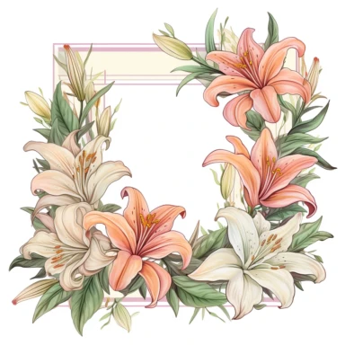 a beautiful and elegant pastel colored lilies arrangements square frame, in the style of a florist, clipart, only white background, 2d, flat
