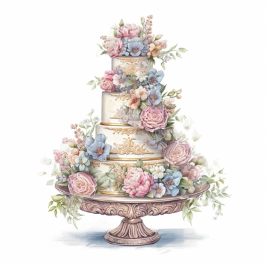Illustration on solid white background of a multi-tiered wedding cake, adorned with pastel-colored flowers and intricate icing details. The cake is set on a beautiful stand, ready for the couple to cut and share. The composition of the clipart is elegant and sophisticated, with soft shading and gentle colors capturing the romantic ambiance award winning