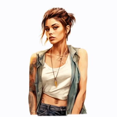 watercolor style, a beautiful girl with clearly visible tattoos, type of a creative person: graphic designer, freelancer, fashion designer, content manager or similar. Expressing freedom and self confidence. Modern and bold look. Realistic colors. Realistic picture. Fashionable bold clothes. Clipart, isolated on white background, 4K