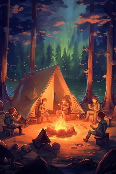 create a hand drawn watercolor clipart depicting campfire surrounded by tent, camping gear, and people enjoying the warmth of the fire, 4k,