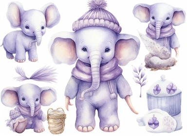 watercolor cute little baby elephant wearing pajamas and a hat, in the style of light silver and light purple, victorian-inspired illustrations, nature-inspired pieces, 5 sets of clipart playful compositions, plush doll art, high resolution, isolated on a white background