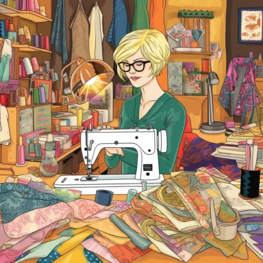 A clipart-style illustration featuring a woman with short blonde hair sitting at a sewing machine in a bustling sewing studio. The studio is filled with colorful fabrics, clothing patterns, spools of thread, and a dressmaker mannequin. The woman is focused and engaged in sewing, with a determined expression on her face. The overall atmosphere is vibrant and creative, reflecting the energy of the studio. In the style of Inslee Haynes fashion illustration