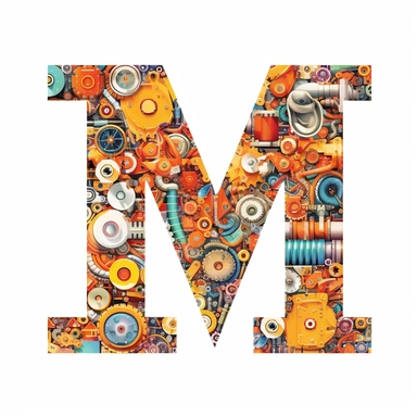 Letter M made of Geometric vector shapes, graded blend filled, using micro images of nuts, bolts, gears and maths elements, swirling psychedelic flourishes in electric circuit pattern white background, clipart, no shadow