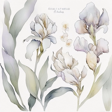 watercolor floral CLIPART, WHITE AND LAVENDER IRIS+ BABY PINK TROPICAT BLOSSOM PREMADE BORDER CLIPART, pastel pale COLORS, clipart, no background, blank space for writing, CLEAN OUTLINE, delicate and elegant, dreamy airy color, classic style, airy watery colors, with elements of GREEN LEAVES and bluberries, hd, best quality, 8k,