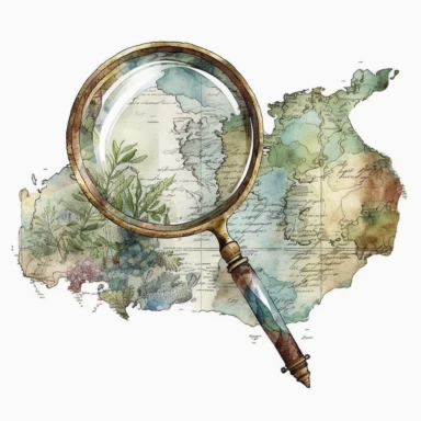 vintage magnifying glass and map, watercolor, clipart, white background