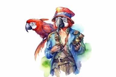 Watercolor, Create a cartoon person dressed as a pirate, with an eye patch and a parrot on the shoulder clipart, hd, on a white background, spaced out