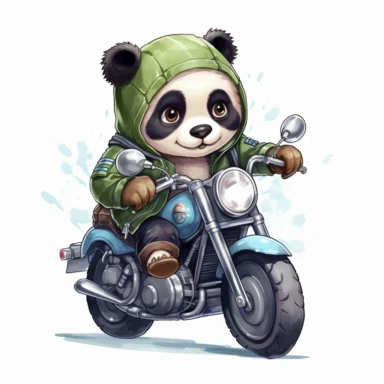 Create a clipart of a cute panda wearing a green leather jacket and riding a motorcycle. Kawaii. White Background, soft lighting.