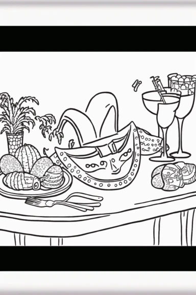 an outlined table setup for a Mardi Gras party with cute masks, beads, hats, and drinks, Coloring Book, white background, black and white, [clip art]