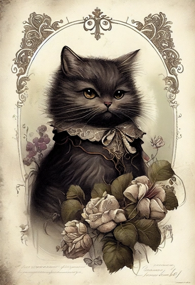 an adorable victorian cat by [Rebecca Latham + Sarah Stribbling + sumi-e + nicoletta ceccoli], Easter theme, epic scene, dark dark academia watercolor vintage CLIPART, illustration, hyper realistic, intricate detail clipart, watercolor, painterly, Jean-Baptiste Monge, drawing on top of old grunge beautiful scrapbooking background paper, old paper texture, decoupage printable digital background, distressed borders, vintage borders, grunge borders, shabby borders