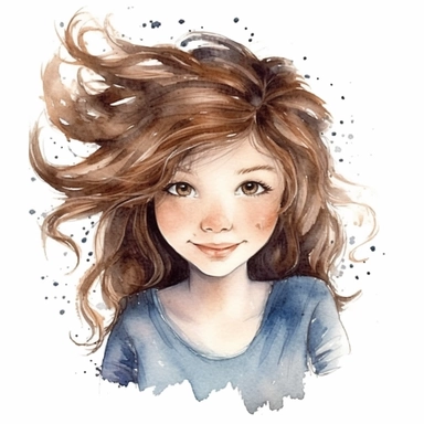 watercolour clipart of a girl, with crazy brown hair, blue-gray eyes, the sweet and scatterbrained dreamer, with a great sense of humor. She immerses herself in the world of digital design, creating exquisite papers for scrapbook albums. Though she may often forget things, her delicate touch and gentle nature shine through her artistry, make her smiling, exalted mood, white background, 8k, f1