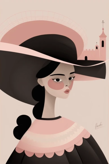 <https://s.mj.run/VafKh_OyowI> Mary Blair style, minimalistic nordic style single clipart, single black traditional mexican fashion model portrait with sombrero, minimalistic pastel pink color palette,