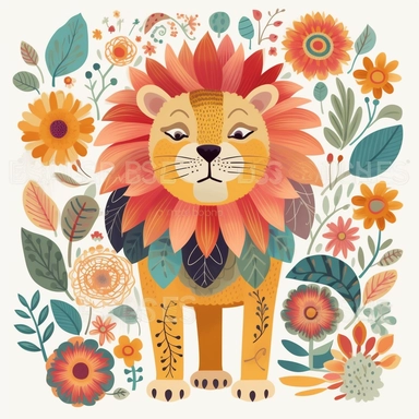 a cute colorful lion Gouache Folk Illustrations Clipart