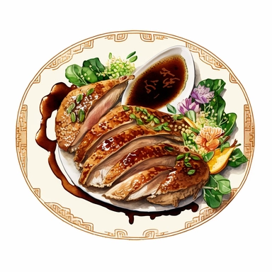 chinese food, roast duck sliced up on an oval shaped plate with oriental decorations, clipart, watercolour style