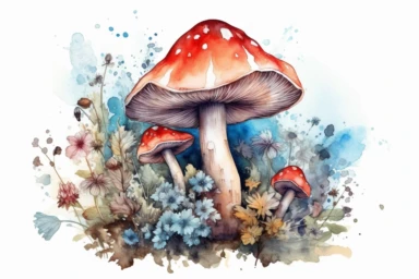 watercolor red toadstool mushroom clipart, surrounded by pale blue and red flowers, a ladybird climbing up the mushroom leg, fairy fantasy, on watercolor stain, hd, isolated on white background, spaced out