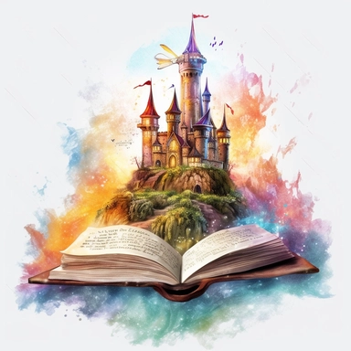 fairy tale castle coming out of the pages of an open book, fantasy, magic sparkling in the air, Fantasy Clipart, PNG Clipart, Illustration clipart, white background, vivid color, 4K, extremely detailed