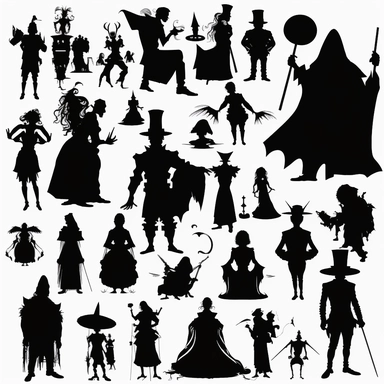 silhouettes of swindlers, monks, demons, mythological characters, disguised people, magicians, fools, lunatics, soldiers, priests, devils, fauns, angels, jugglers, cops, clowns, madmen. Bizarre, whimsical, random, victorian, theatrical, funny. Black and white clipart collection, white background