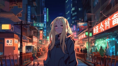 An anime-style illustration of an 8-year-old girl with long, straight blonde hair standing on a bustling Tokyo street at night, bathed in neon lights. She wears a cute, modern outfit – a frilly skirt and a hoodie with kawaii graphics, and her eyes are large and expressive, a signature of anime characters. She holds a sparkly magical wand in her hand, indicating she might be a character with magical powers. Around her, spirits and magical creatures are subtly visible, blending in with the crowd a
