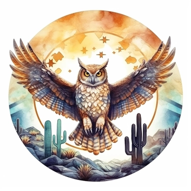 Watercolor clipart of flying owl with intricate sacred geometrical patterns, mystic cosmic atmospherical night sky background, watercolor realistic desert landscape with cactus in the golden hour, circle shaped frame, white background, very detailed , Cartoon,hyper realistic, intricate detail, illustration style,high solution,on the white background