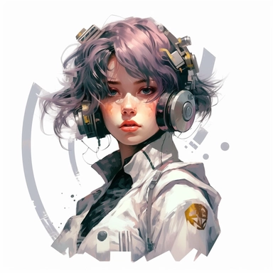 beautiful stunning pretty vintage cyberpunk anime girl, paint art style, clipart, white background, superrealistic, one of a kind