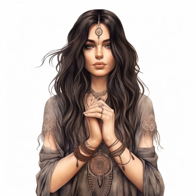 boho woman, modern, fair skin and black hair, semi-realistic, spiritual, witchy, clipart, fantasy, white background, high quality, beautifully accurate illustrations