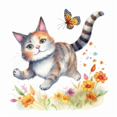Playful watercolor clipart of a cute cat chasing a butterfly, capturing the playful and fun side of pets, with vibrant colors and soft details, perfect for a t-shirt design, delightful and charming, high-quality illustration, hand-painted with love, a great addition to any project.