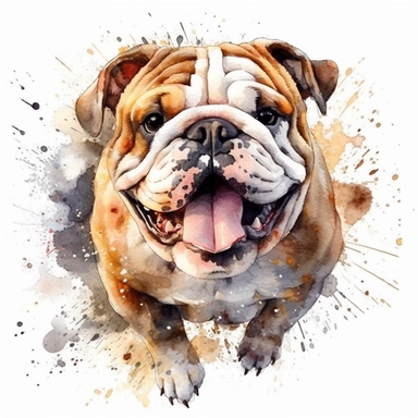 a moving Bulldog, happy smiling face, cute animal, adorable, playful atitude, adorable watercolor animal clipart, no background, high quality and very sharp image with clear focus